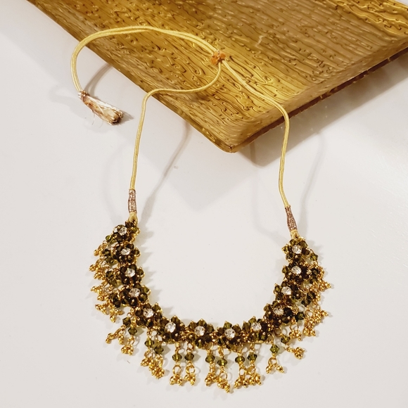 Vintage Asian peridot crystal flower adjustable silk tassel necklace flower 60's - Picture 1 of 16